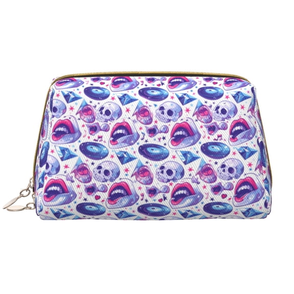 Naloa crystal Skull record lips Leather Makeup Bag for Purse Travel, Portable Small Cosmetic Organizer for Women and Girls, Make up Bag with Zipper
