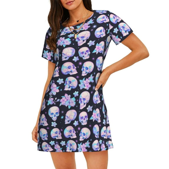 Naloa crystal flower Skull Print Women Nightgowns,Womens Loungewear,Short Sleeve Sleepwear,Comfy Ladies Nightdress