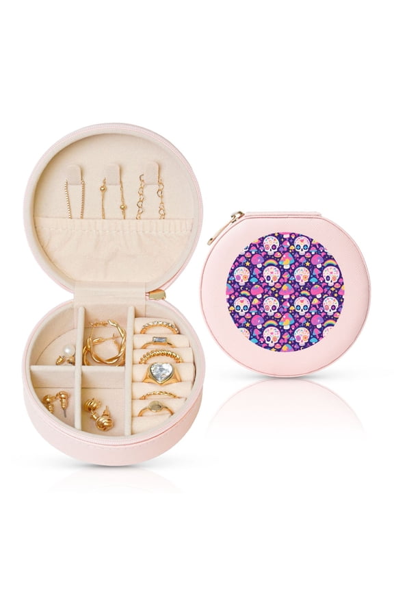 cute rainbow mushroom Skull Round Jewelry Box, Travel Jewelry Organizer, 3.9 x 3.9 x 2in Jewelry Storage Box for Women-Pink