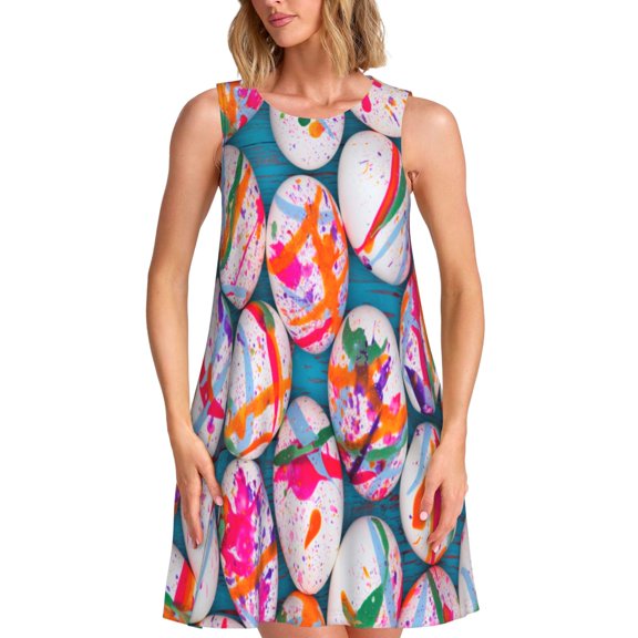 Naloa eggs Print Women's Summer Spring Casual Beach Sundress,Vacation Sleeveless Tank Crewneck Loose Dresses