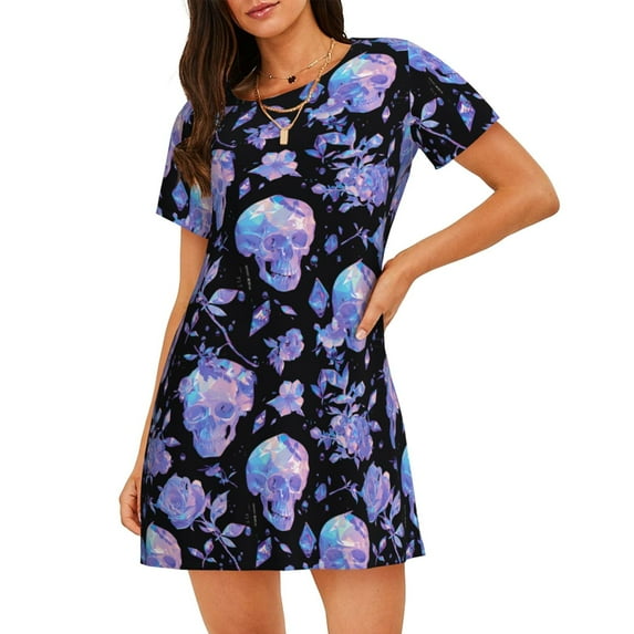 Naloa flower Skull crystal Print Women Nightgowns,Womens Loungewear,Short Sleeve Sleepwear,Comfy Ladies Nightdress