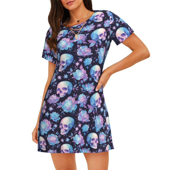Naloa flower Skull in starry sky Print Women Nightgowns,Womens Loungewear,Short Sleeve Sleepwear,Comfy Ladies Nightdress