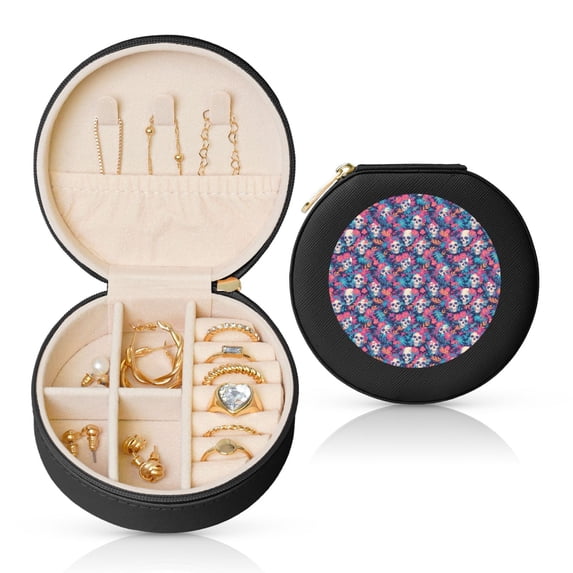 Naloa flower Skull leaf colorful Round Jewelry Box, Travel Jewelry Organizer, 3.9 x 3.9 x 2in Jewelry Storage Box for Women-Black