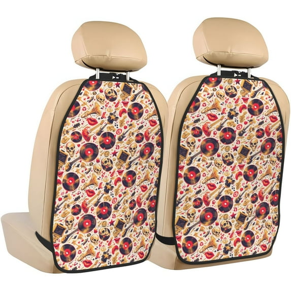 Naloa gold Skull Guitar record 2Pcs Anti-Kick Back Seat Cover Kick Mat, Car Seat Protector with 3 Storage Pockets