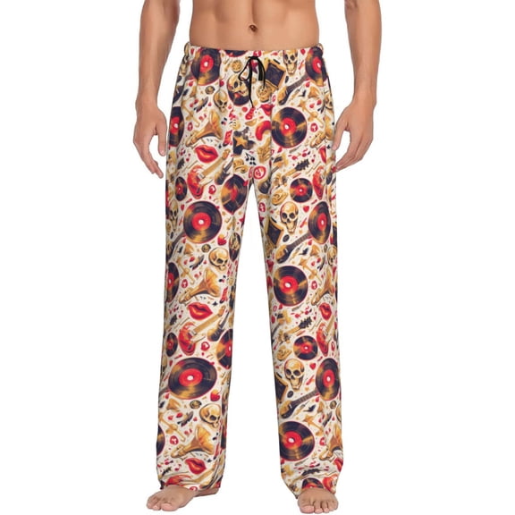Naloa gold Skull Guitar record Pajama Pants Men, PJ Bottoms, Sleep & Lounge Pants-Medium