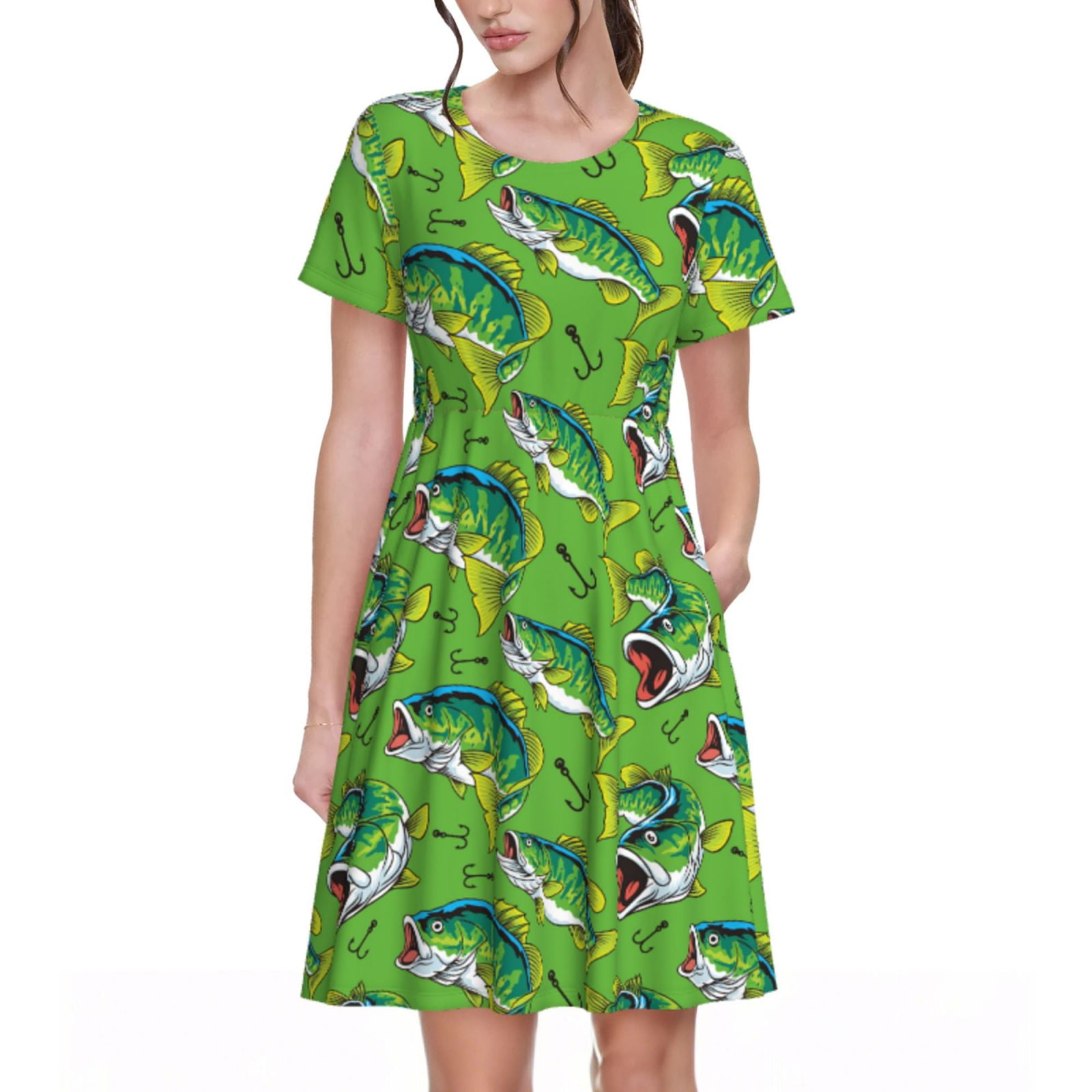 Naloa large mouth green color bass fish Print Womens Summer A-Line ...