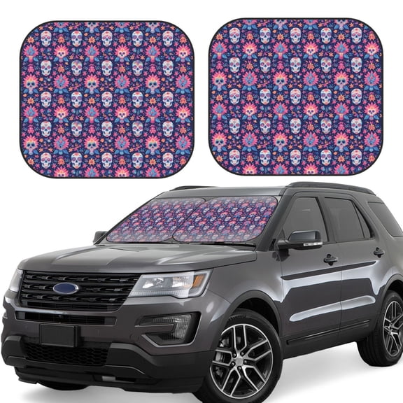 Naloa leaf flower Skull colorful Print 2-Piece Windshield Sunshade,Foldable Car Front Window Sun Shades,for Most Sedans SUV Truck-Large