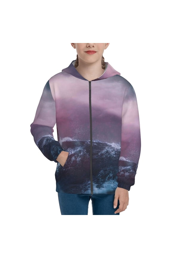 lighthouse Waves Torrential Rain Teenage Zipper Hoodie, Long Sleeve Zip Up Hoodies Casual Jackets Tops for 7-12 Years-Medium