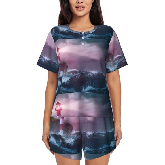 Naloa lighthouse Waves Torrential Rain Women's Short-Sleeved Pajama Set, Loungewear, Summer pajamas, Breathable Cozy - 3X-Large