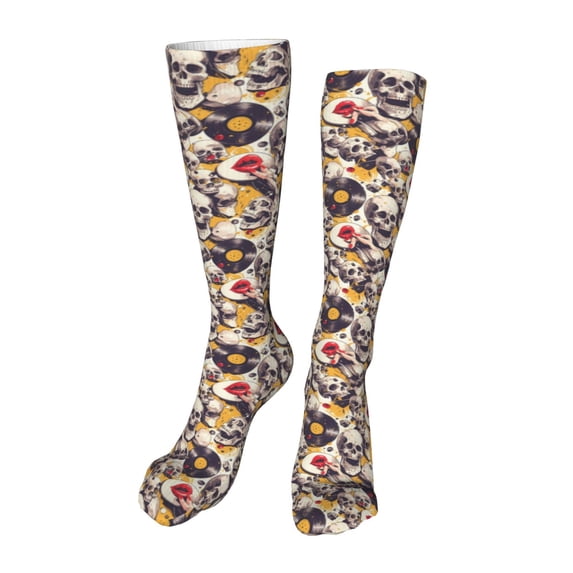 Naloa lips record rock Skull High Stockings Women Thigh High Stockings Over Knee Long Stockings-One Size
