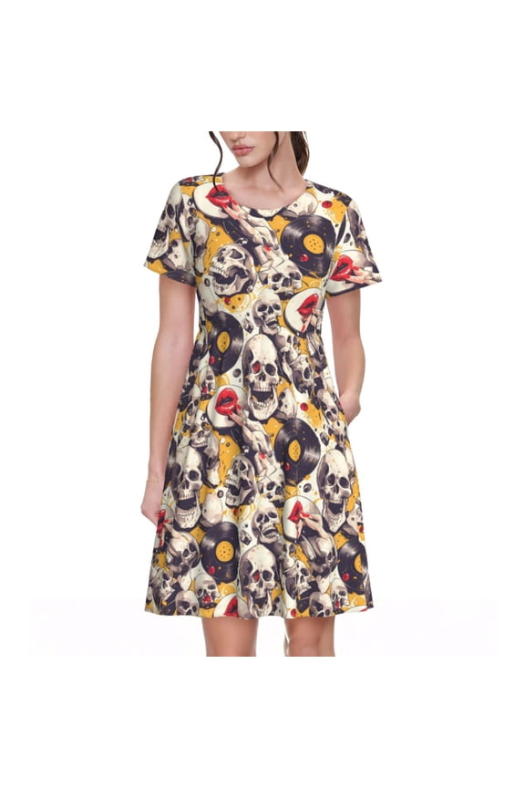 lips record rock Skull Print Womens Summer A-Line Dress with Pockets,Short Sleeve Dresses,Flowy Beach Swing Dress for Vacation Travel