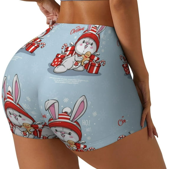 Naloa merry Christmas rabbit Biker Shorts for Women Seamless Scrunch Short Women’s Yoga Shorts for Gym Running Sport Shorts-Medium