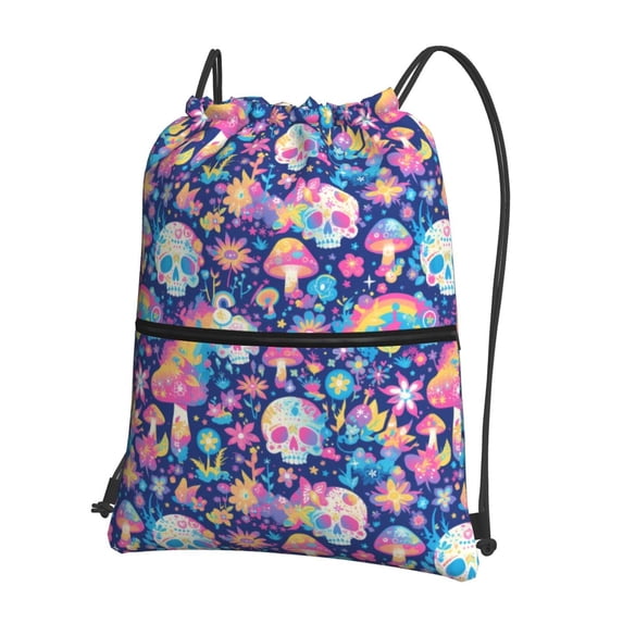 Naloa mushroom Skull rainbow color Drawstring Backpack String Bag Cinch Water Resistant for Gym Shopping Sport Yoga