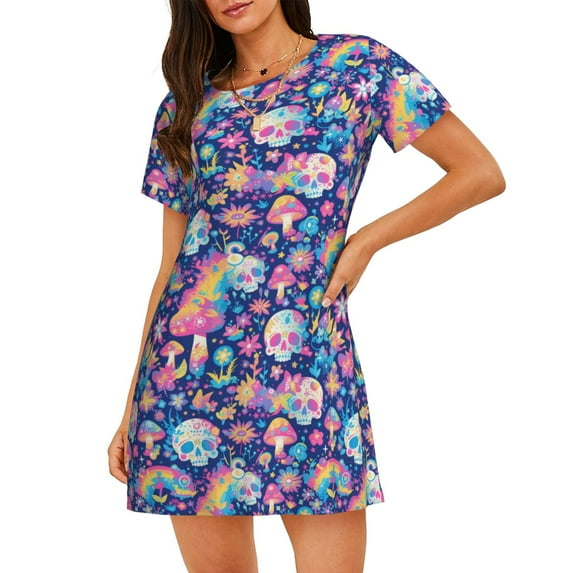 Naloa mushroom Skull rainbow color Print Women Nightgowns,Womens Loungewear,Short Sleeve Sleepwear,Comfy Ladies Nightdress