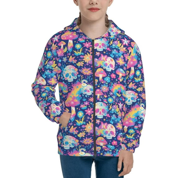 Naloa mushroom Skull rainbow color Teenage Zipper Hoodie, Long Sleeve Zip Up Hoodies Casual Jackets Tops for 7-12 Years-Medium