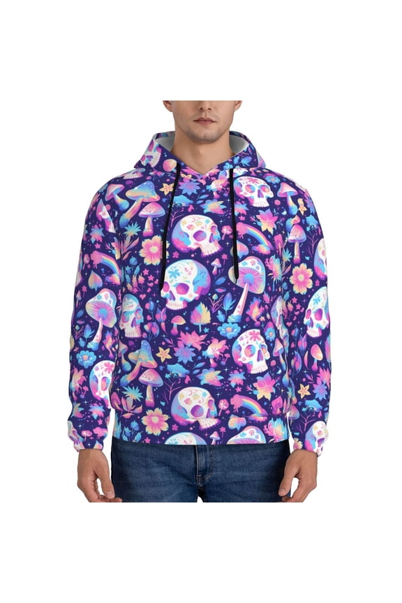 mushroom rainbow Skull cartoon Men's Casual Hooded Collar Drawstring Hoodies Pullover Sweatshirts Casual Long Sleeve Shirts-3X-Large