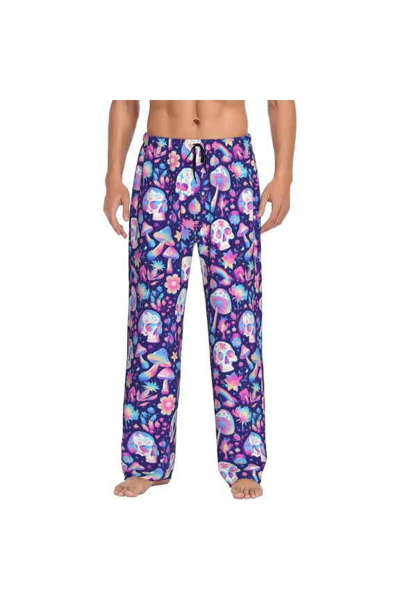mushroom rainbow Skull cartoon Pajama Pants Men, PJ Bottoms, Sleep & Lounge Pants-Large