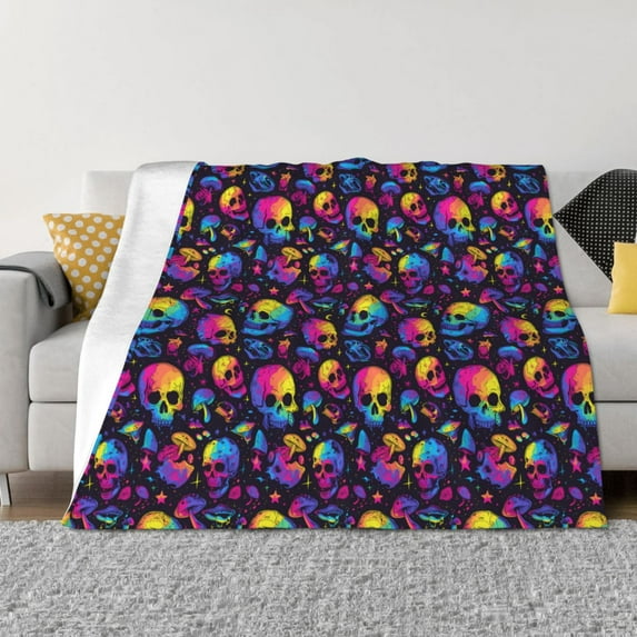 Naloa mushroom rainbow color Skull Flannel Blankets - Thick and Warm Blanket for Winter, Soft Fuzzy Plush King Blanket for All Seasons60"x50"