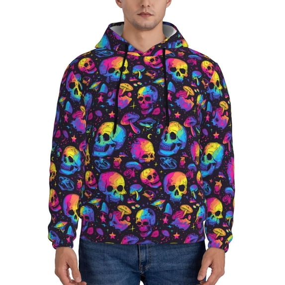 Naloa mushroom rainbow color Skull Men's Casual Hooded Collar Drawstring Hoodies Pullover Sweatshirts Casual Long Sleeve Shirts-4X-Large