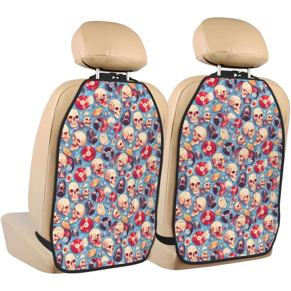 Naloa music Skull record Retro 2Pcs Anti-Kick Back Seat Cover Kick Mat, Car Seat Protector with 3 Storage Pockets
