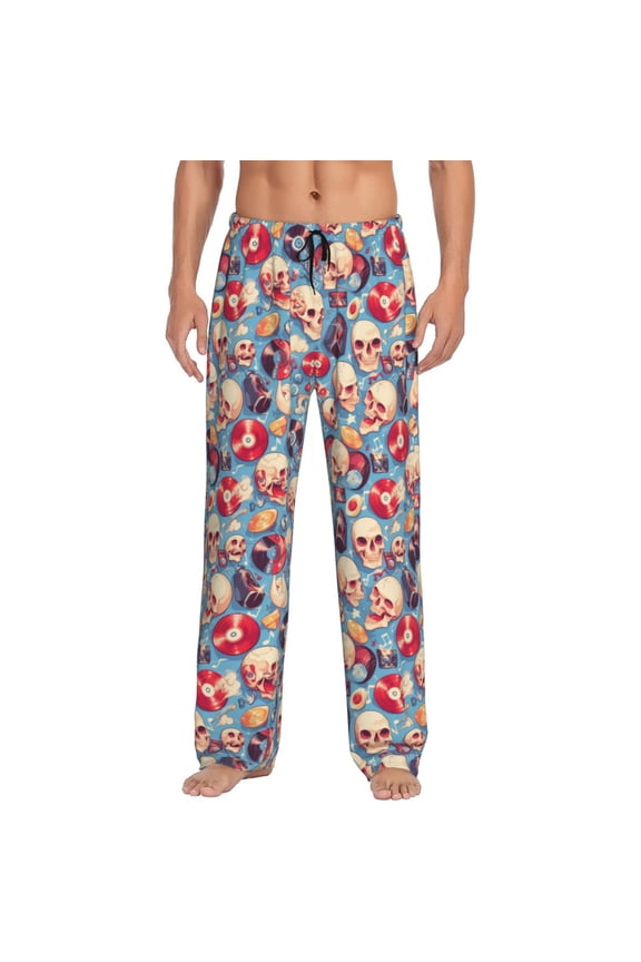 music Skull record Retro Pajama Pants Men, PJ Bottoms, Sleep & Lounge Pants-Large