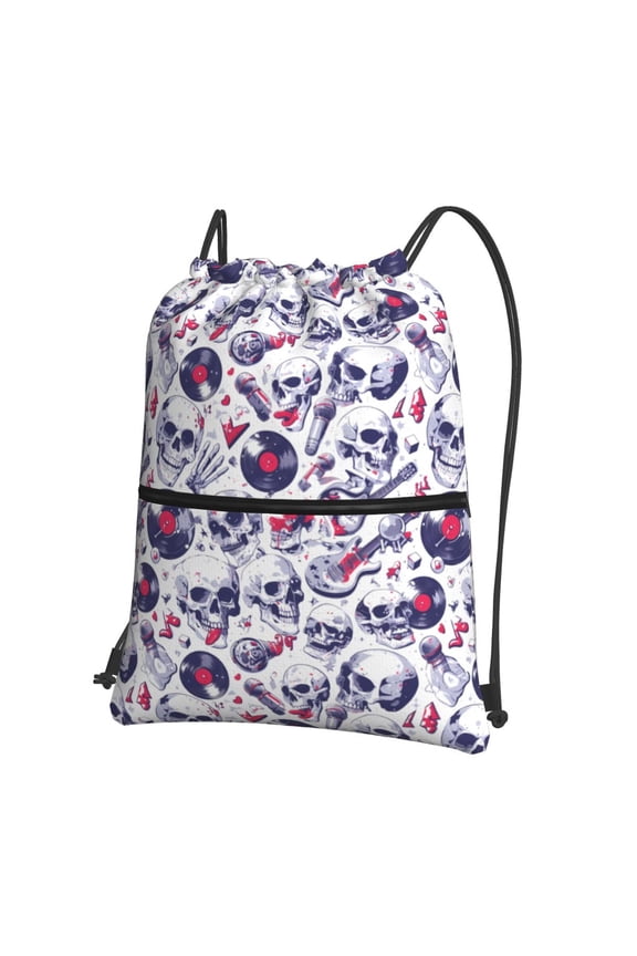 music Skull record mike Drawstring Backpack String Bag Cinch Water Resistant for Gym Shopping Sport Yoga