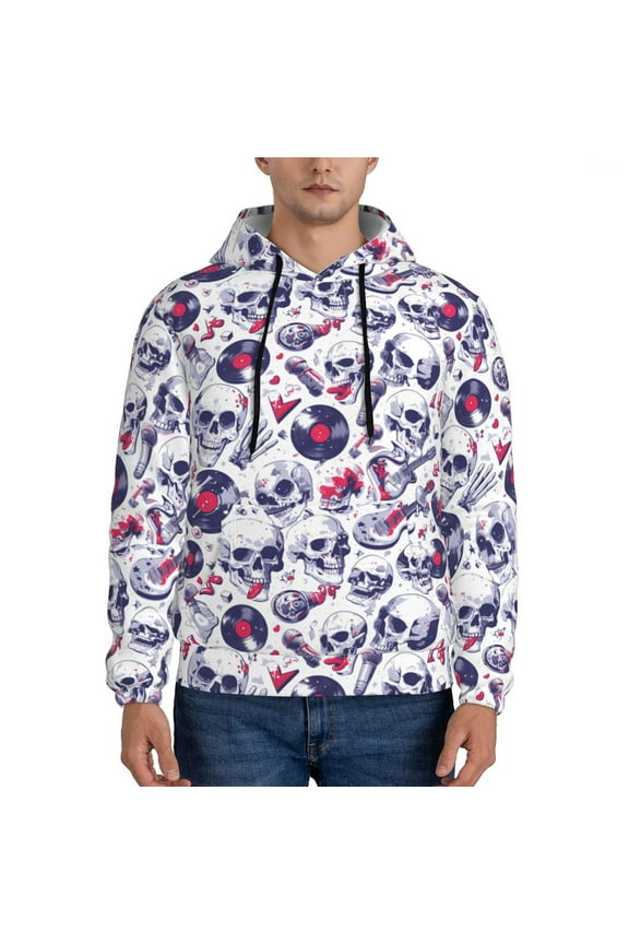 music Skull record mike Men's Casual Hooded Collar Drawstring Hoodies Pullover Sweatshirts Casual Long Sleeve Shirts-3X-Large