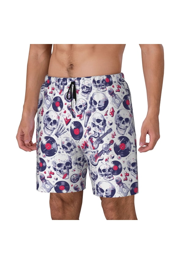 music Skull record mike Print Men Swim Trunks with Compression Liner ,Board Shorts,Men's Swim Shorts with Drawstring and Elastic Waistband-X-Large