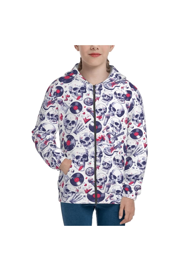 music Skull record mike Teenage Zipper Hoodie, Long Sleeve Zip Up Hoodies Casual Jackets Tops for 7-12 Years-Small
