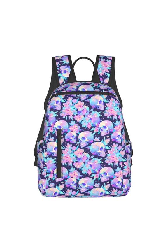 pinkk flower crystal Skull Print Lightweight DayBackpack Suitable for school, work, shopping, travel, etc.