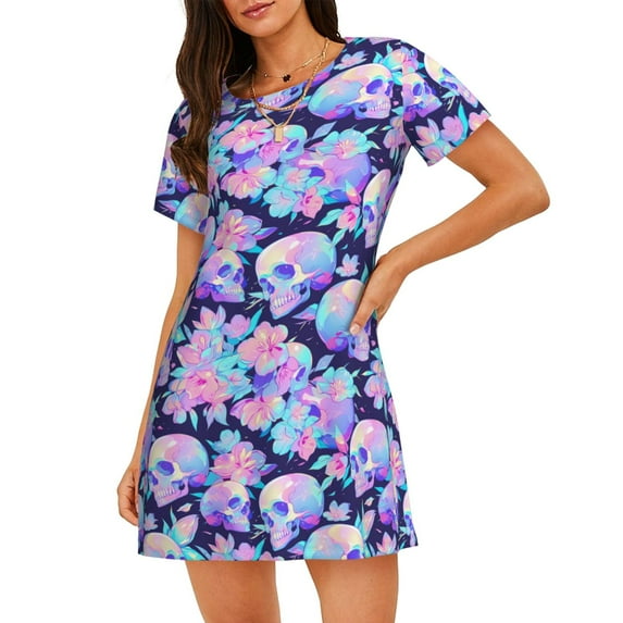 Naloa pinkk flower crystal Skull Print Women Nightgowns,Womens Loungewear,Short Sleeve Sleepwear,Comfy Ladies Nightdress