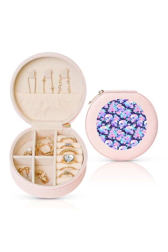 pinkk flower crystal Skull Round Jewelry Box, Travel Jewelry Organizer, 3.9 x 3.9 x 2in Jewelry Storage Box for Women-Pink