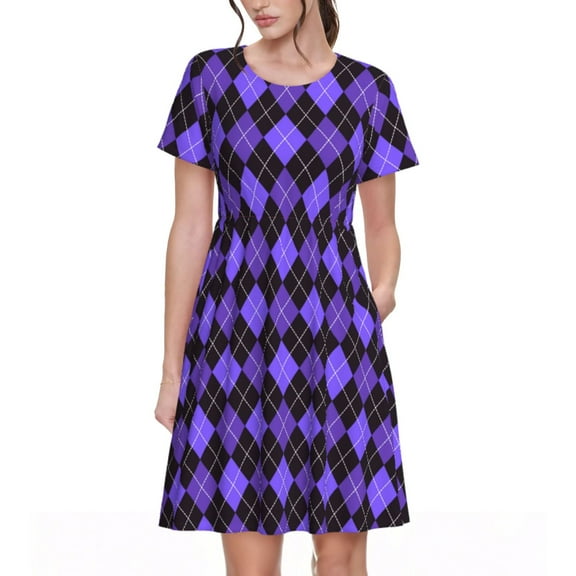 Naloa purple argyle Print Womens Summer A-Line Dress with Pockets,Short Sleeve Dresses,Flowy Beach Swing Dress for Vacation Travel