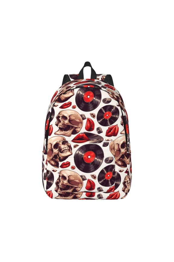 record lips Skull Canvas Backpack for Men Women Rucksack Casual Travel Daypack College Tote Satchel Bookbag for Teens-Small