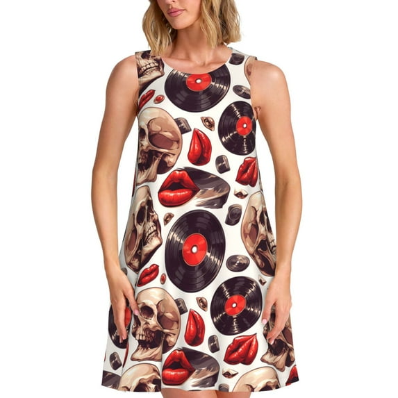 Naloa record lips Skull Print Women's Summer Spring Casual Beach Sundress,Vacation Sleeveless Tank Crewneck Loose Dresses