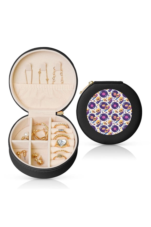 record rock Skull star Round Jewelry Box, Travel Jewelry Organizer, 3.9 x 3.9 x 2in Jewelry Storage Box for Women-Black