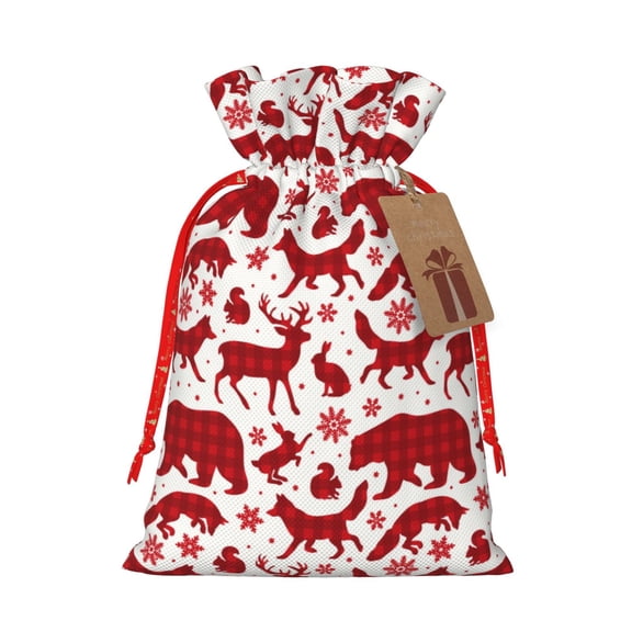 Naloa red plaid Moose Bunny bear Drawstring Christmas Bags, 3D Xmas Gift Bags, Christmas Wrapping Bags, Xmas Goodie Bags, Treat Pouch Bags, Party Favor Bags-Medium