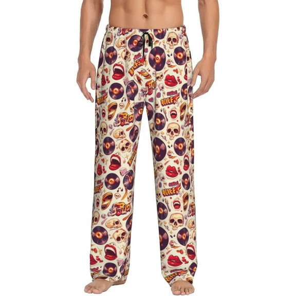 Naloa rock music Skull record Pajama Pants Men, PJ Bottoms, Sleep & Lounge Pants-Large