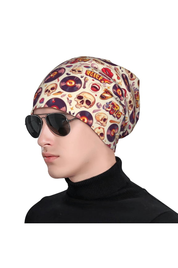 rock music Skull record Soft Beanie Hat, Knit Beanie Daily Beanie in Fine Knit for Women Men Winter Travel, Outdoor