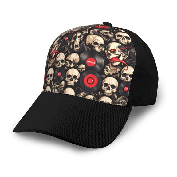 Naloa rock record Skull Adult adjustable Print Baseball Hat, Patchwork curved brim baseball capfor Men and Women, One Size