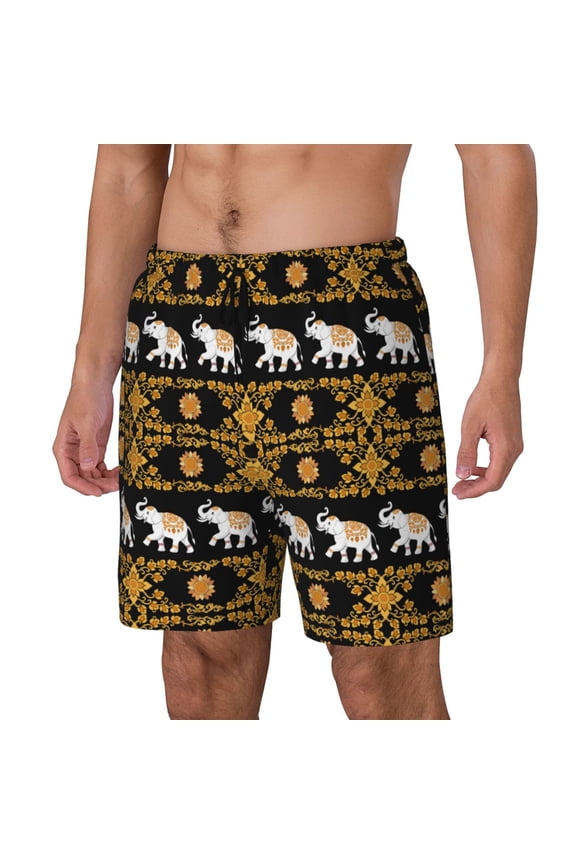 traditional Elephant Print Men Swim Trunks with Compression Liner ,Board Shorts,Men's Swim Shorts with Drawstring and Elastic Waistband-Medium