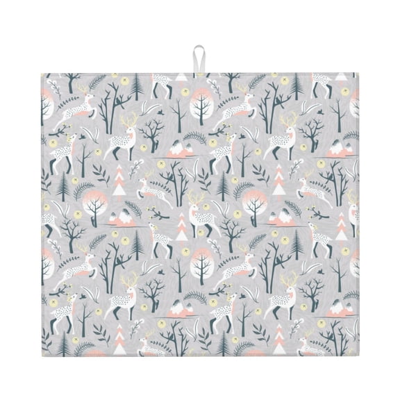 Naloa white Moose winter tree Dish Drying Mat for Kitchen Counter, Heat Resistant Drainer Mats, Absorbent Draining Mat,Dish Rack Pad,16"x18"