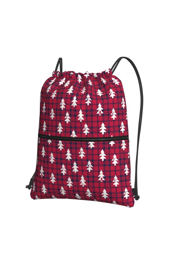 white Tree red plaid Drawstring Backpack String Bag Cinch Water Resistant for Gym Shopping Sport Yoga