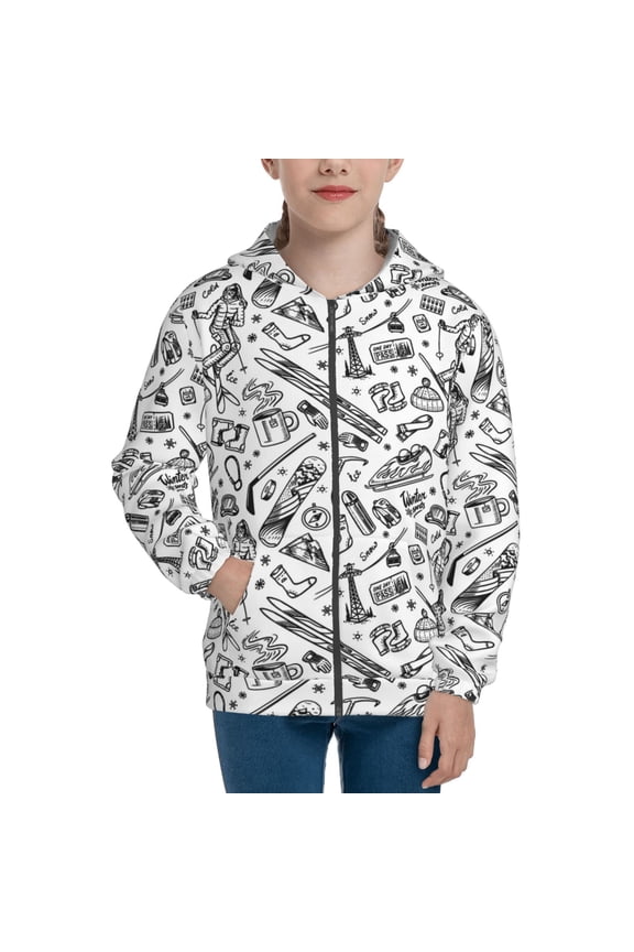 winter Ski Element Teenage Zipper Hoodie, Long Sleeve Zip Up Hoodies Casual Jackets Tops for 7-12 Years-Medium