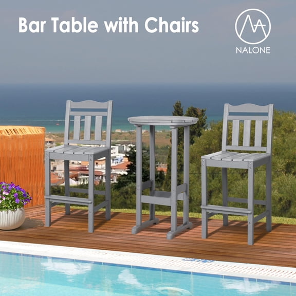 Nalone 3 Pcs Outdoor Bar Table Set, HDPE High Adirondack Chairs and Table Set, Outdoor Bar Stools Set for Garden, Yard Gray