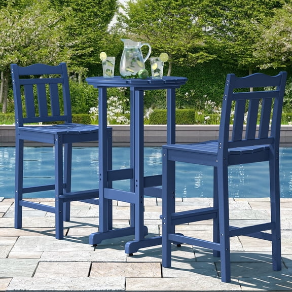 Nalone 3 Pcs Outdoor Bar Table Set, HDPE High Adirondack Chairs and Table Set, Outdoor Bar Stools Set for Garden, Yard Navy Blue