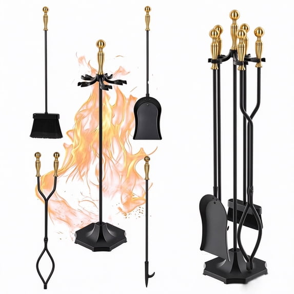Nalone 5-Piece Wrought Iron Fireplace Tool Set with Fire Poker, Tongs, Shovel & Brush, Heat-Resistant Handles, Wood Stove Accessories for Indoor & Outdoor Fire Pit,Antique Brown