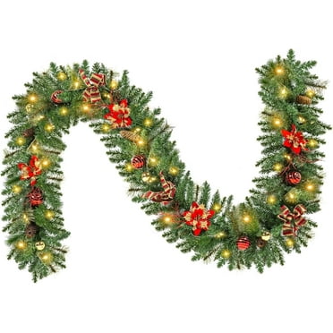 Nalone 9FT Pre-Decorated Christmas Garland with Lights, Battery Operated Outdoor Christmas Garland for Mantel, 180 Multi Tips & Pine Needles, Time Functional Christmas Decorations for Table (Red)