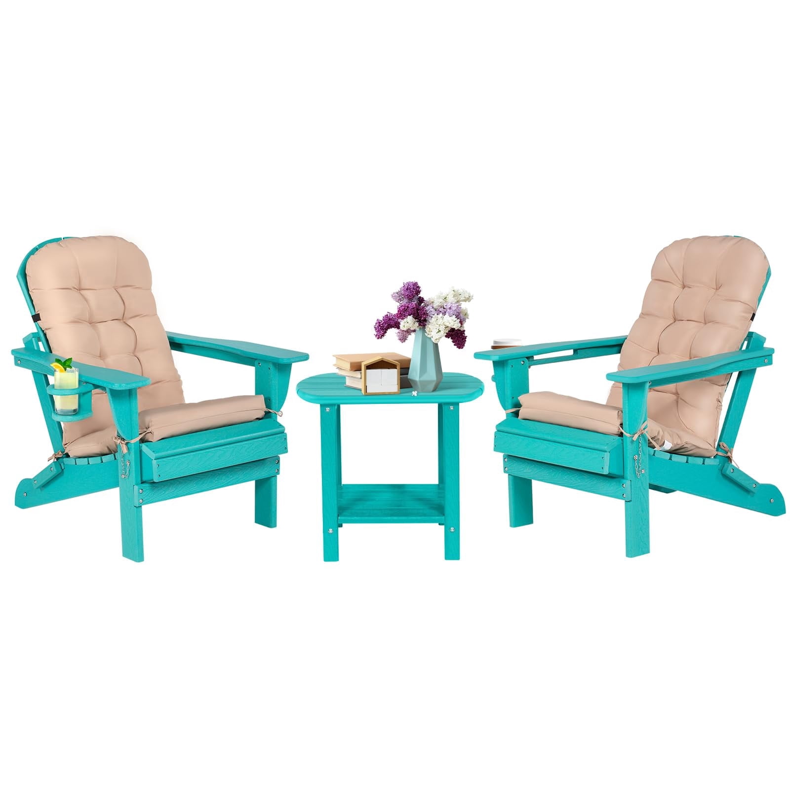 Nalone Adirondack Chair with Table, Cushion & Cup Holder, HDPE Folding Adirondack Chair with Wood-Like Grain Outdoor Fire Pit Chairs for Patio/Porch/Swimming Pool/Camping(Aruba)
