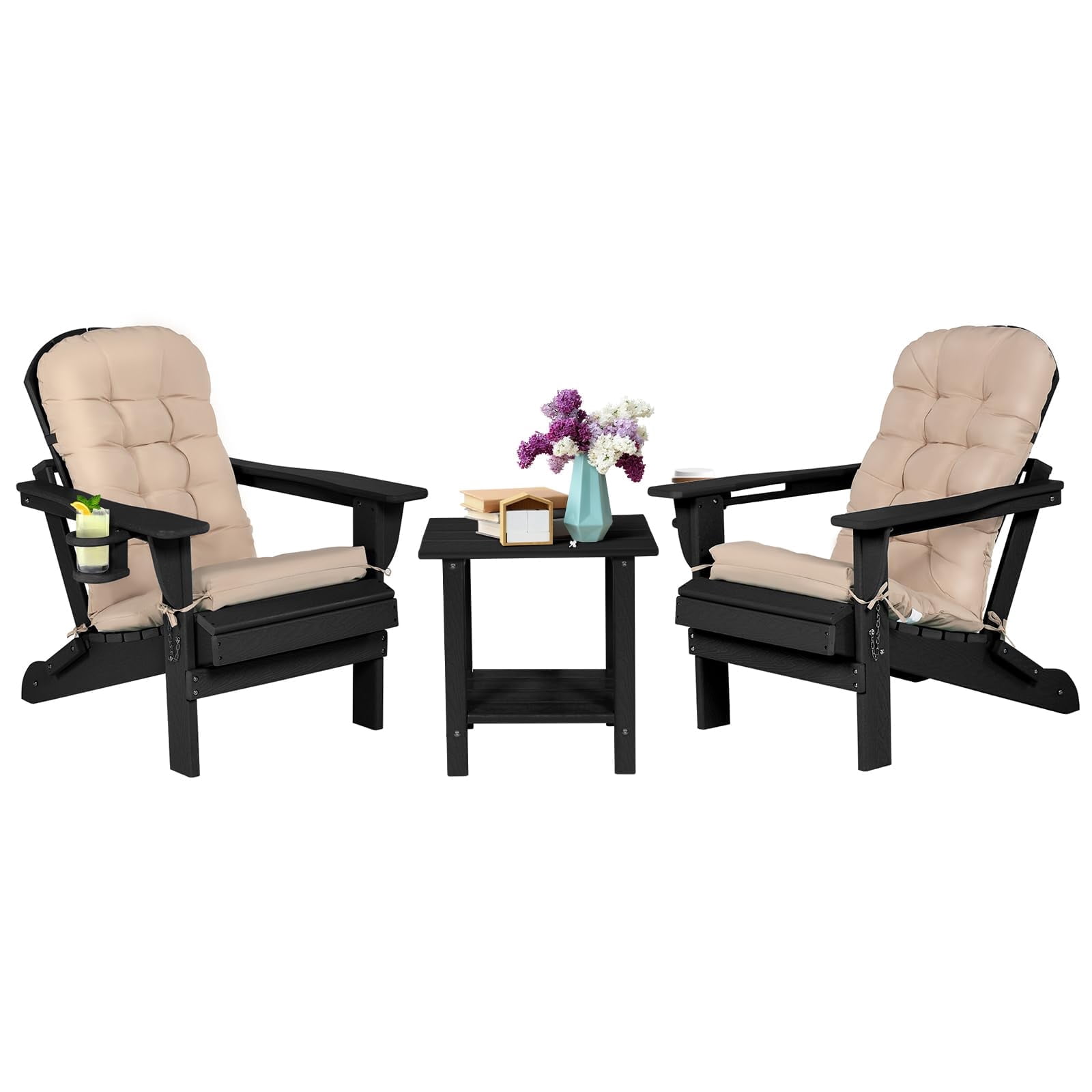 Nalone Adirondack Chair with Table, Cushion & Cup Holder, HDPE Folding Adirondack Chair with Wood-Like Grain Outdoor Fire Pit Chairs for Patio/Porch/Swimming Pool/Camping(Black)